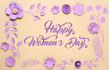 Greeting card with text HAPPY WOMEN'S DAY, paper flowers and leaves