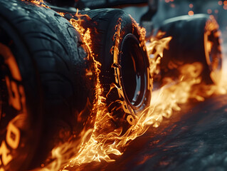 Car tires with flames on dark background. Burning wheels, advertising image