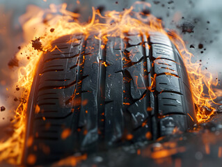 Car tires with flames on dark background. Burning wheels, advertising image