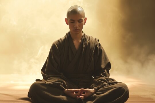 monk with shaved head meditating in lotus position - Powered by Adobe