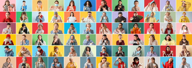 Obraz na płótnie Canvas Big collage of different people ill with flu on color background
