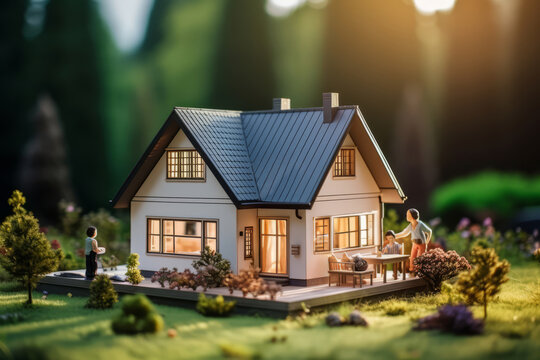 Miniature model home with tiny figures surrounded by greenery in soft light