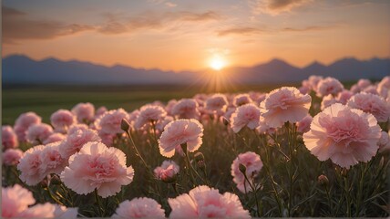 Beautiful field of pink carnation flowers in sunset
