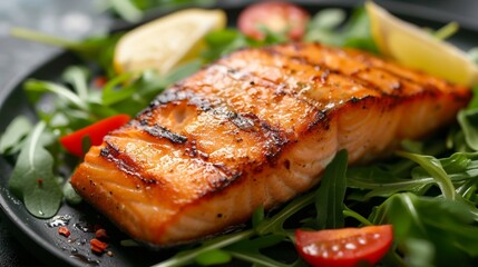 A close-up of a grilled salmon fillet with crispy skin, on a bed of greens