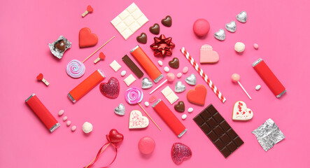 Many different tasty sweets on pink background. Valentine's Day celebration