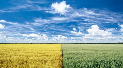 Vast agricultural landscape with blue sky and two different crops