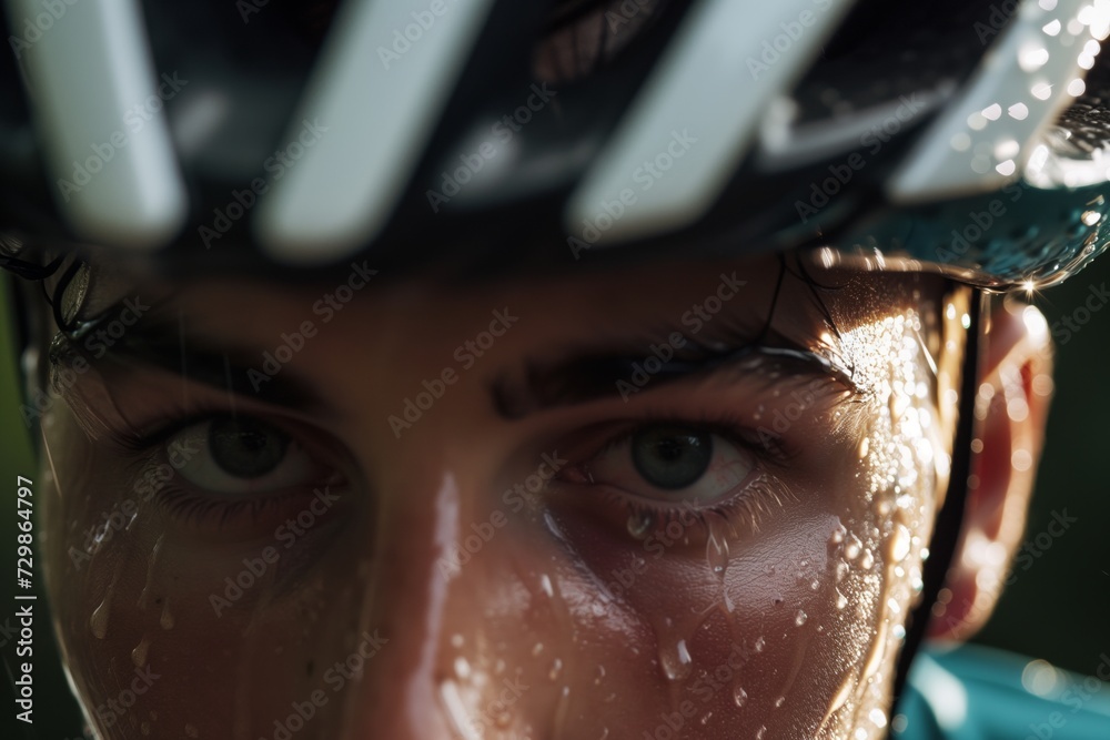 Wall mural cyclists face with sweat trickles, wearing a helmet