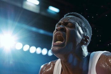 basketball player sweating profusely under indoor lights - obrazy, fototapety, plakaty