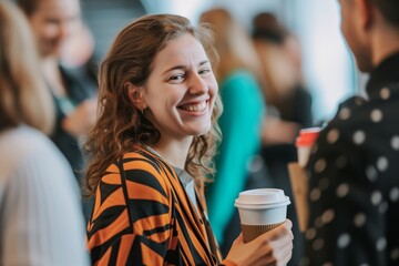 smiling attendee with coffee, other participants networking