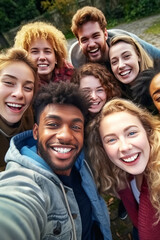 Fototapeta premium Group of joyful friends taking selfie outdoors in casual wear
