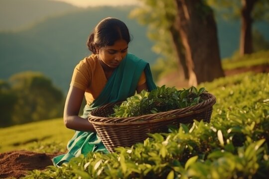 Female hands picking tea leaves