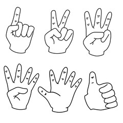 Line art hand, showing number 1,2,3,4,5. Doodle hand drawing