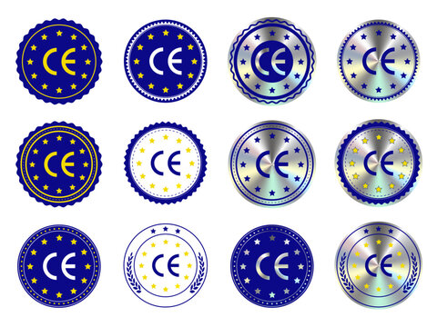 CE European marks stamp, icons, symbols. Vector certificate, EU Union conformity logo. Product quality standard, CE made labels. Safety certified pictograms 