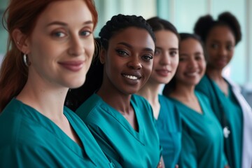 women with diverse skin tones wearing healthcare uniforms in a hospital