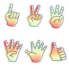 Fototapeta premium Line art hand, showing number 1,2,3,4,5. Doodle hand colour gradient