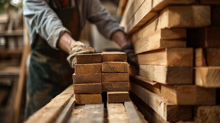 Individual stacking freshly cut wood planks in a storage shed. Sawmill production of boards from wood, drying of boards - obrazy, fototapety, plakaty