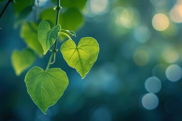 Fototapeta na wymiar Sunlit Green Foliage in a Lush Forest Environment, heart-shaped leaf concept. environmental concept