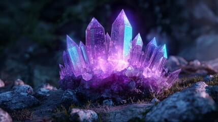 Magical fantasy crystal amethyst mystical glows from the inside natural blue crystal stone in the forest cave a gemstone, mos