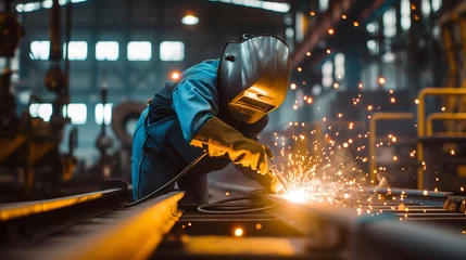 Foto op Plexiglas Industrial worker welding at a factory  will be wearing appropriate safety gear. © YUTTADANAI