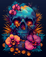 Mexican Skull t-shirt Design. Illustration on black background