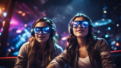 Two girl in glasses of virtual reality. Augmented reality, game, future technology, robots and people concept. VR. Neon light.
