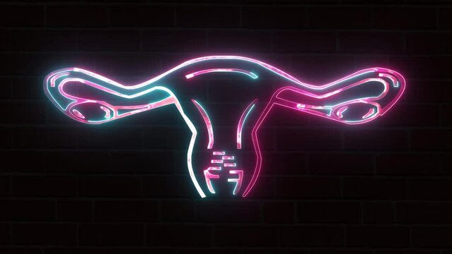 Neon , glowing and bright IUI reproductive technology symbol. Female reproductive system. Healthy intercourse method idea.