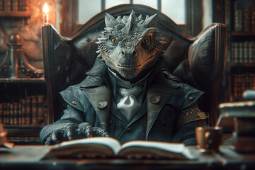 Realistic dragon in a comfortable chair reading documents