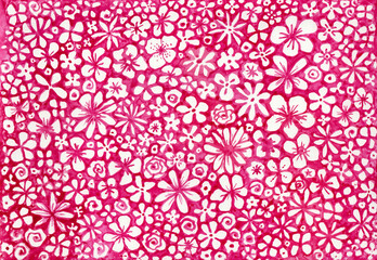 White flowers of various shapes and sizes on a pink background. View from above. Watercolor drawing.
