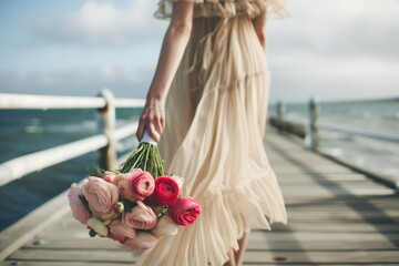 woman in a maxi dress and a bouquet of ranunculus strolling on a pier - obrazy, fototapety, plakaty