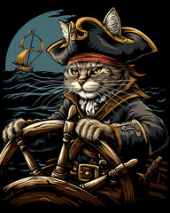 cat pirate captain. fashionable print design for t-shirt. theme of sea pirates, treasure hunters, sea battles.