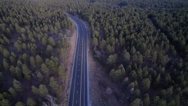 Aerial View of Road in Countryside of Arizona, Pine Forest and Landscape Between Flagstaff and Sedona USA