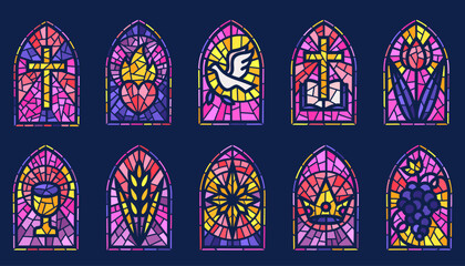 Church glass windows. Stained mosaic catholic frames with cross, book dove heart and religious symbols. Vector set of gothic Christian arches on dark background - obrazy, fototapety, plakaty