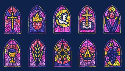 Tapeten Church glass windows. Stained mosaic catholic frames with cross, book dove heart and religious symbols. Vector set of gothic Christian arches on dark background © Chorna_L