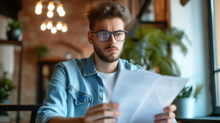 Young employee showing his salary document, disappointed facial expression, financial status, frustration, income, job - obrazy, fototapety, plakaty