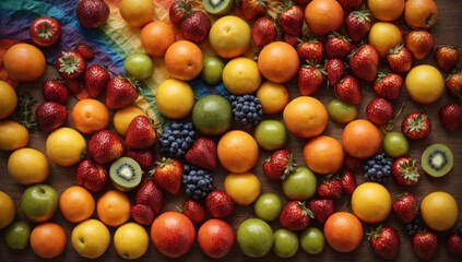 Close up of colourful fruits on a wooden background