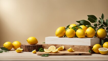 Lemons with leaves on a yellow background with copy space.
