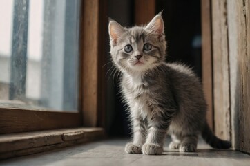 Little cat on the window sill. Grey Little fluffy kitten stands near door window and looking up . Newborn kitten, Kid animals and adorable cats concept
