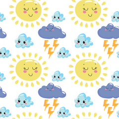 Hand drawn seamless illustration of weather elements in kawaii style. Cute elements