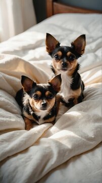 Two cute chihuahua dogs sitting on a white bed at home. Vertical photo