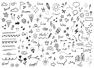 Vector doodle set of different elements. Stars, sparkles, arrows, speech balloons, hearts, words, diamonds, flowers, signs and symbols. Hand drawn decoration elements isolated on white background