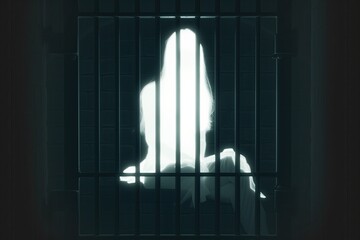 Penitentiary. Behind the bars. Ghost. Sentence. Jail. Spectre. Incarcerated woman. Culprit. Convict. Suspect. Felon. Woman is a sentenced prisoner. Cage. Silhouette. Sitting. Jailhouse. Prison