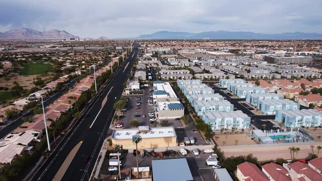 Las Vegas Nevada USA, Drone Shot of South Summerlin, Spring Valley Neighborhoods Buildings, Homes and Traffic