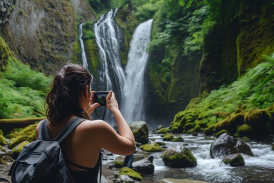 woman taking a photo of a waterfall