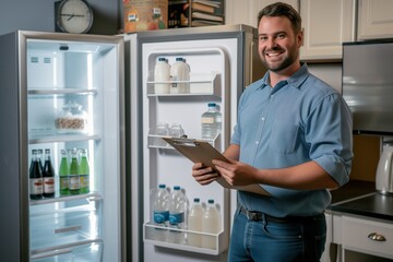 smiling employee holding a clipboard beside an open fridge