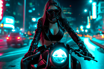 A cyberpunk girl rides around the city on a motorcycle, Motorcycle on the road. driving around the city, Motion Effect. Neon city - obrazy, fototapety, plakaty