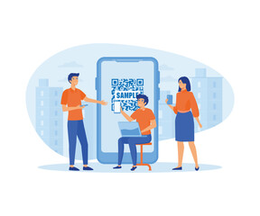 Young men and women standing near big smart phone with qr symbol on screen. flat vector modern illustration 