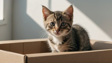 Close up of cute kitten in box in white new flat.