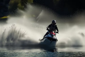 Fototapeten jet skier in action with water spray behind © altitudevisual