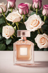 A bottle of premium perfume, surrounded by a bouquet of fresh roses., Ai-generated - 729867309