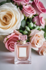 A bottle of premium perfume, surrounded by a bouquet of fresh roses., Ai-generated - 729867313